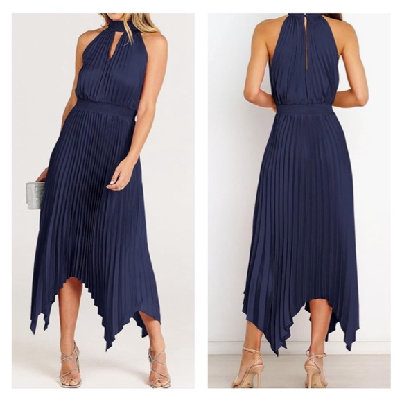 Blue Sleeveless Pleated Skirt Asymmetrical Hem Satin Look Midi Dress - Picture 2 of 2